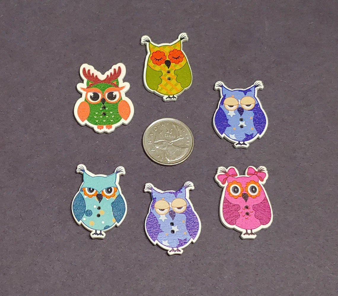 Owl Shaped Wooden Buttons - Set of 6