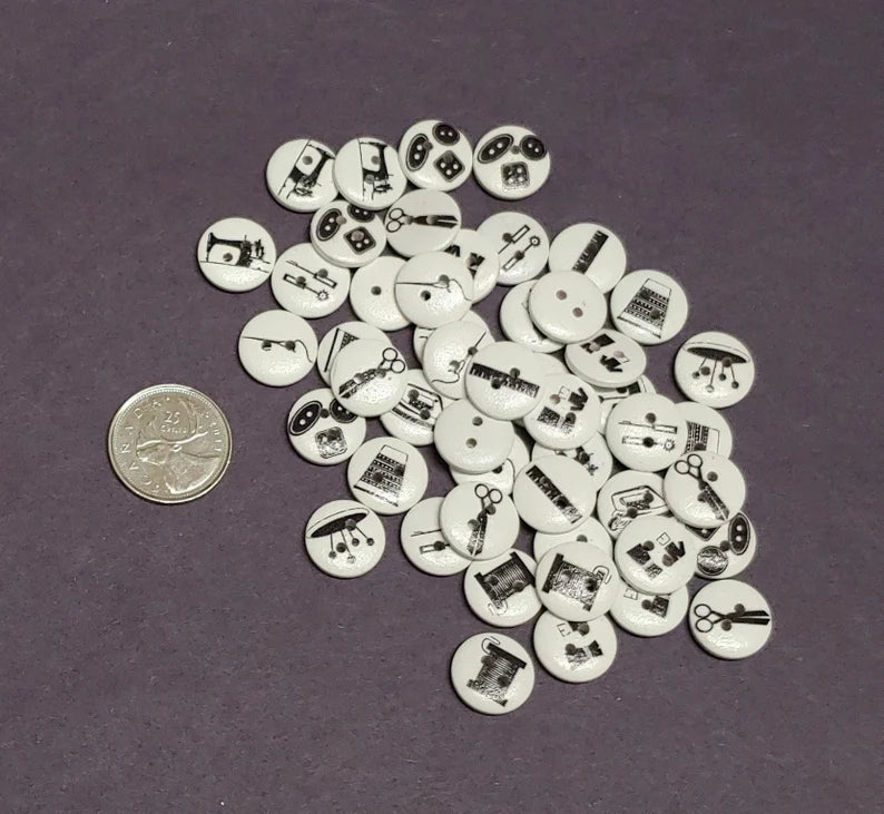 Black & White Sewing Themed Wooden Buttons - Set of 10