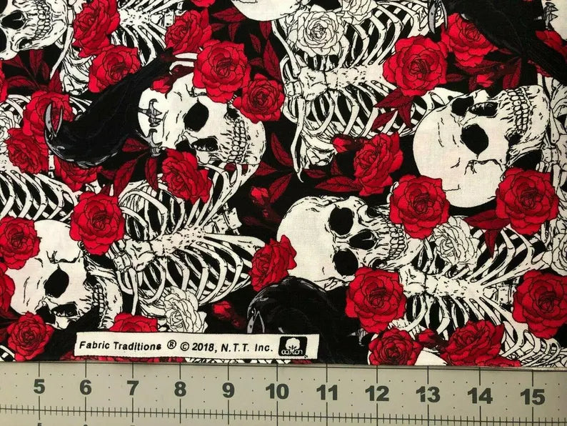 Gothic Halloween Skeleton Skull Red & White Roses Black Ravens Crows Fabric