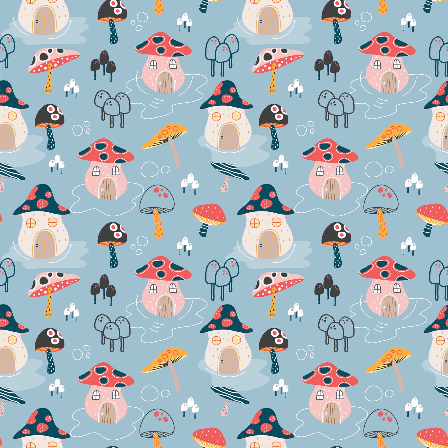 Mushroom Houses on Blue