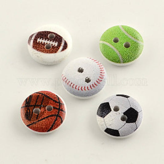 Sports Balls Themed Wooden Buttons - Set of 10