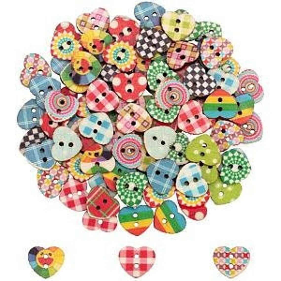 Small Printed Hearts Wooden Buttons - Set of 10