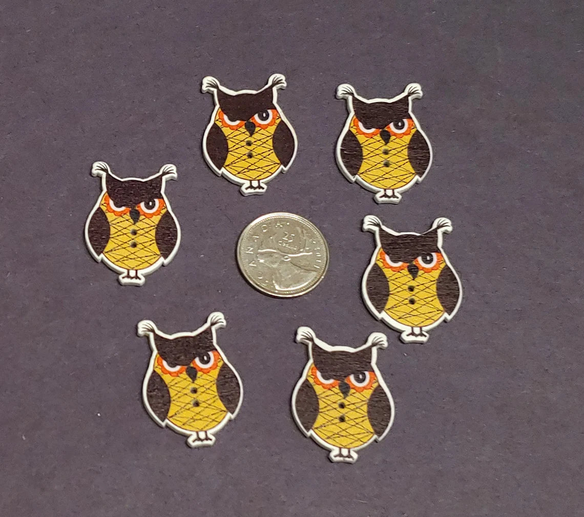 Owl Shaped Wooden Buttons - Set of 6