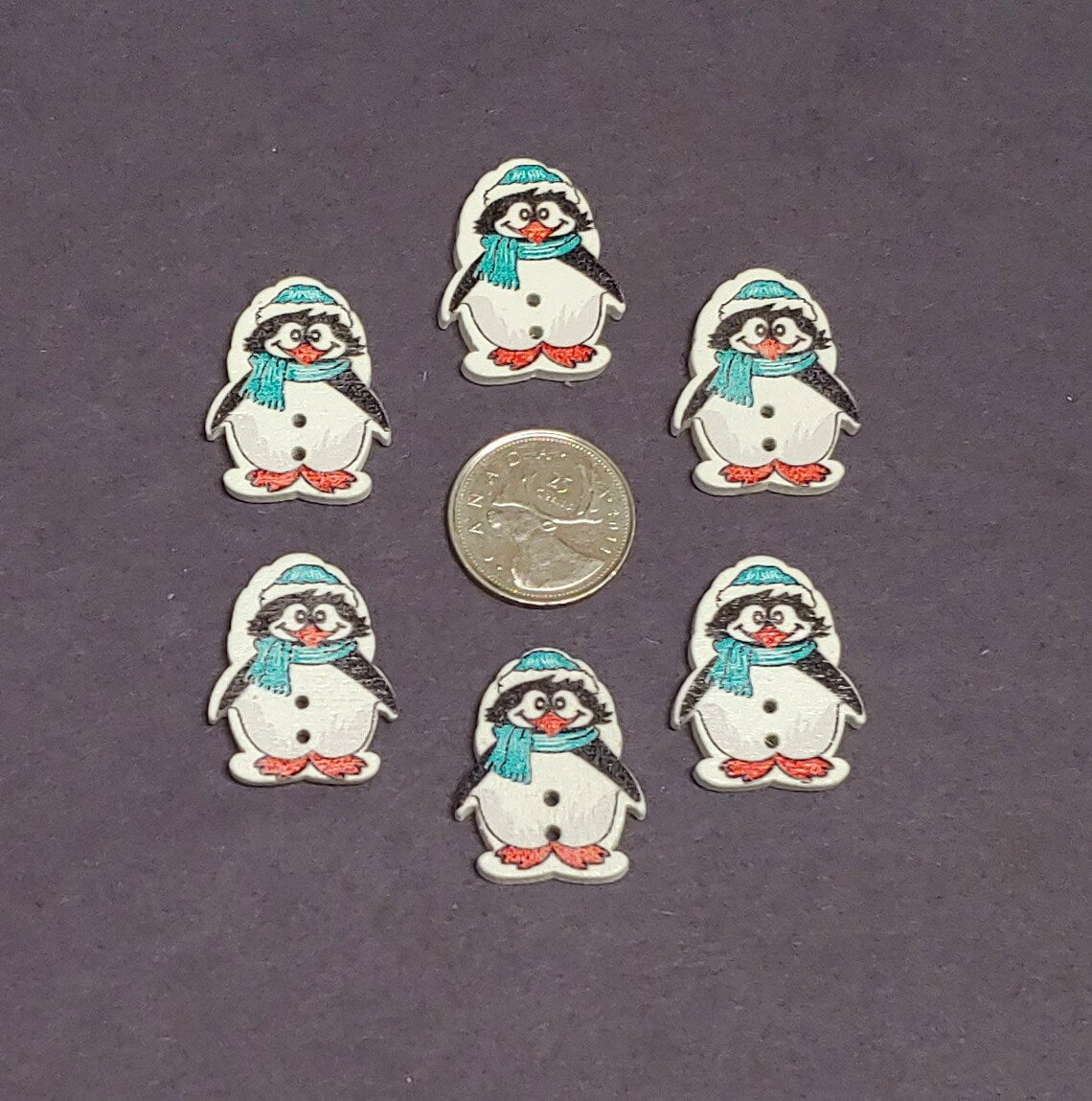 Penguin Print Wooden Buttons - Set of 6