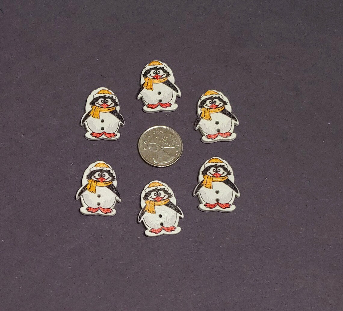 Penguin Print Wooden Buttons - Set of 6