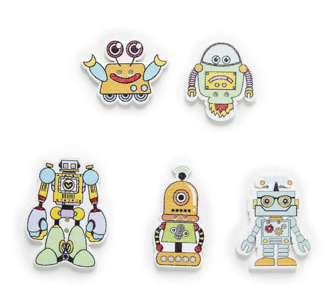 Cute Robots Wooden Buttons - Set of 6