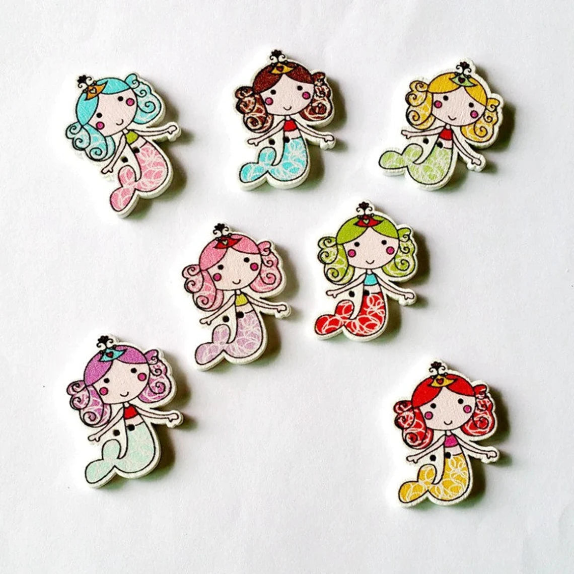 Colorful Mermaids Wooden Buttons - Set of 6