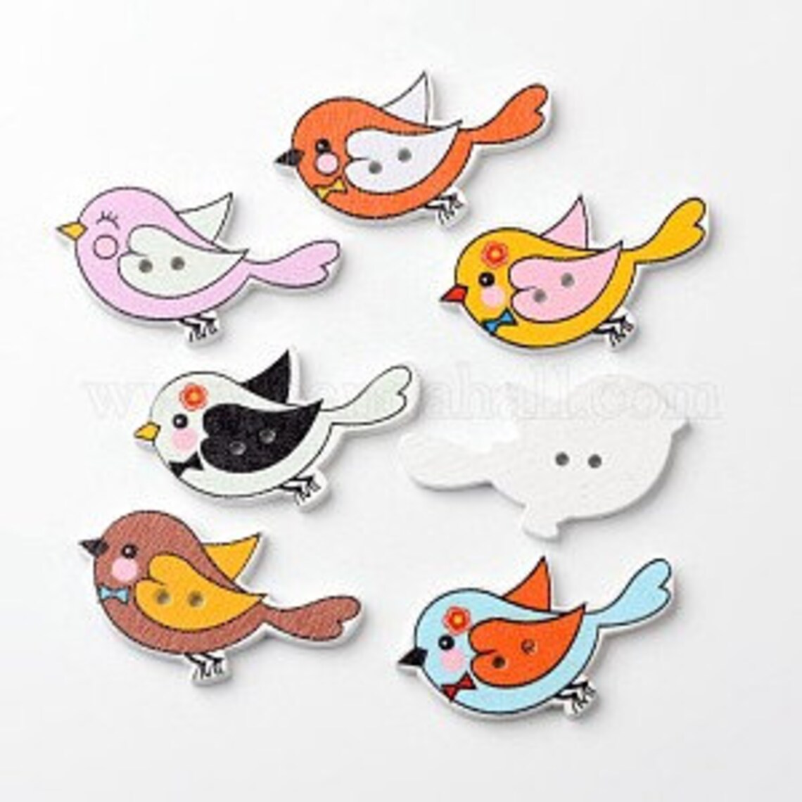 Colorful Birds Printed Wooden Buttons - Set of 6