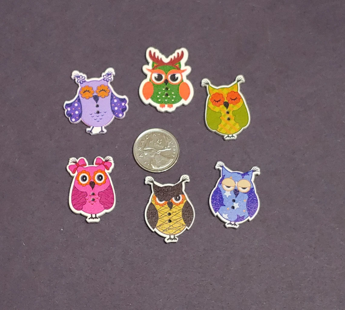 Owl Shaped Wooden Buttons - Set of 6