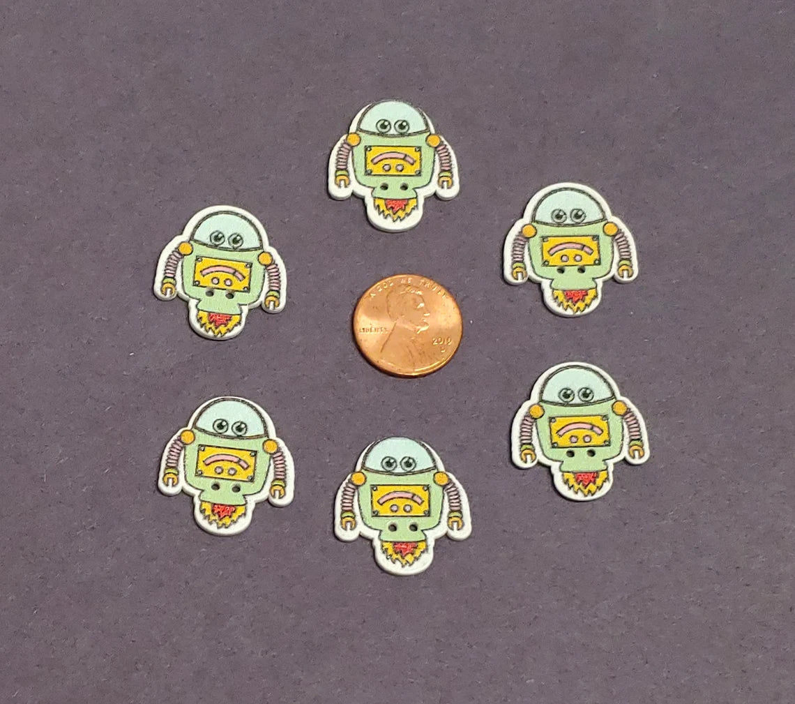 Cute Robots Wooden Buttons - Set of 6