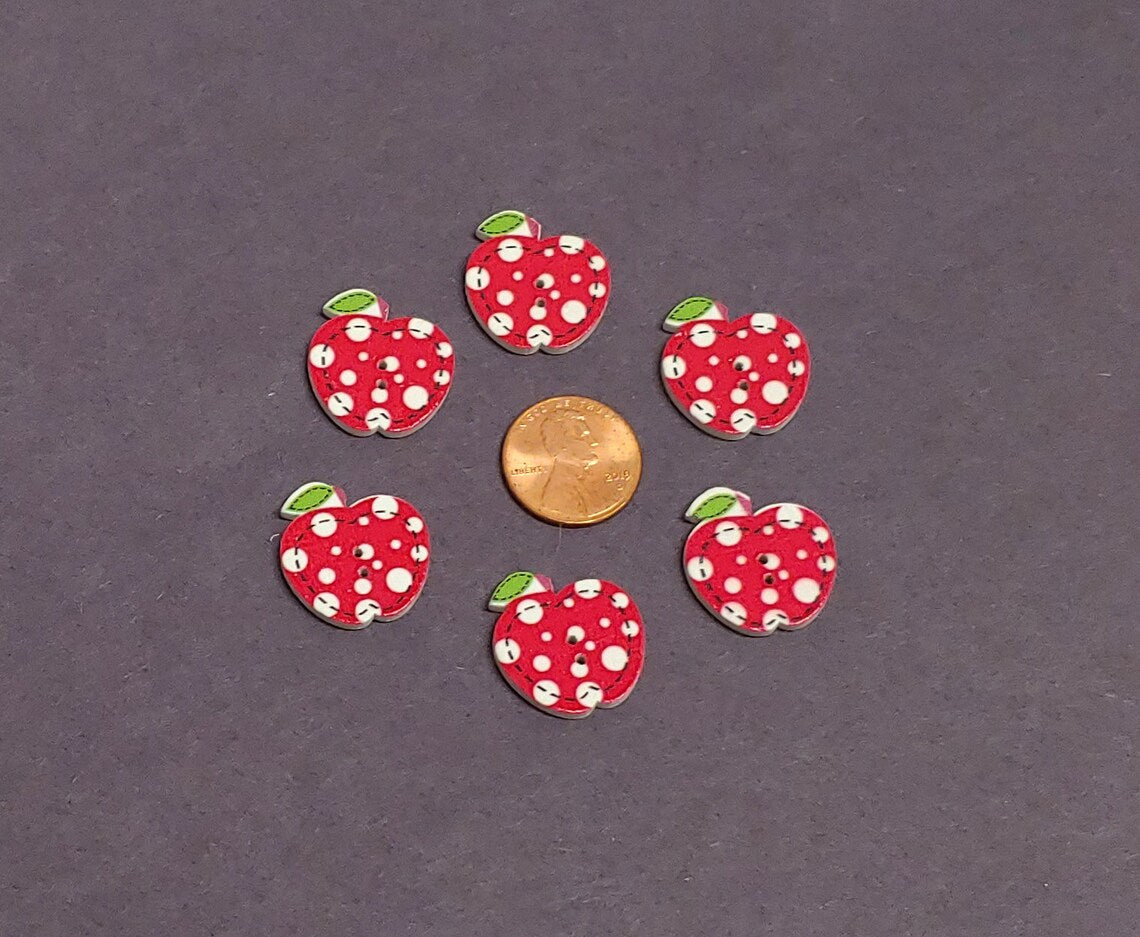 Polka Dot Apples Wooden Buttons - Set of 6