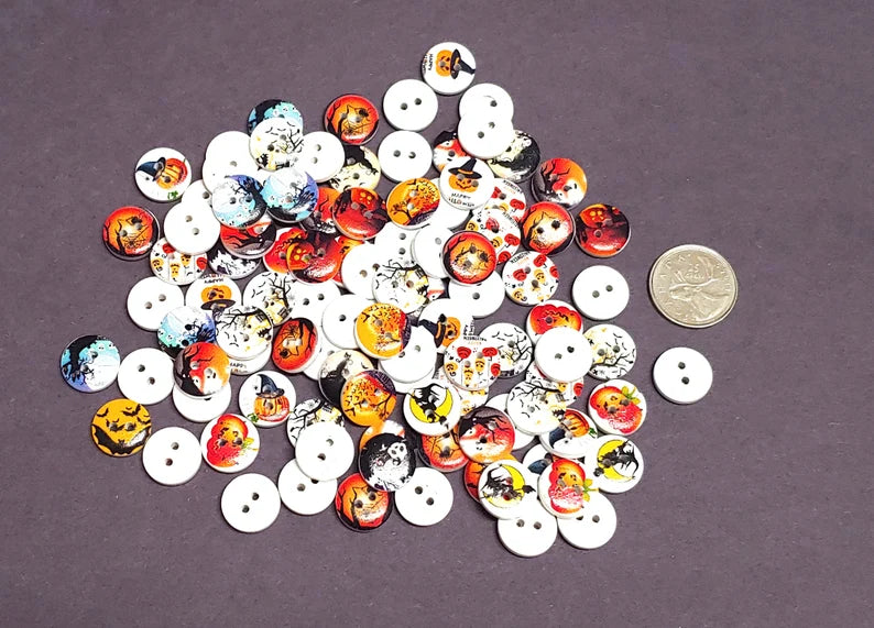 Halloween Themed Round Wooden Buttons - Set of 10