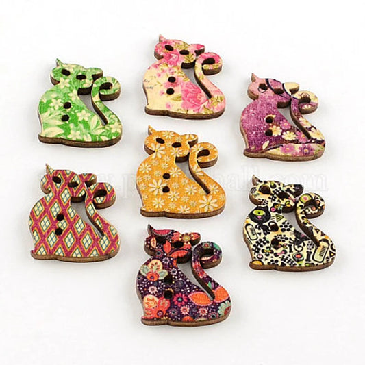 Cat Shape Wooden Buttons - Set of 6