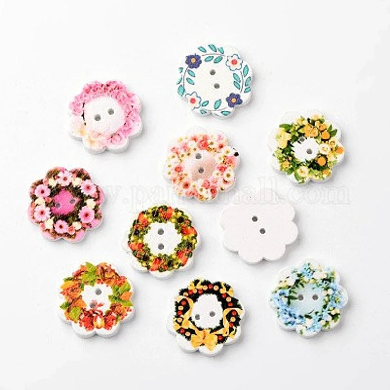 Flower Wooden Buttons - Set of 10