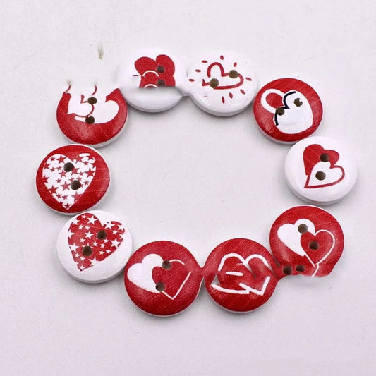 Valentine's Day Hearts Round Wooden Buttons - Set of 10