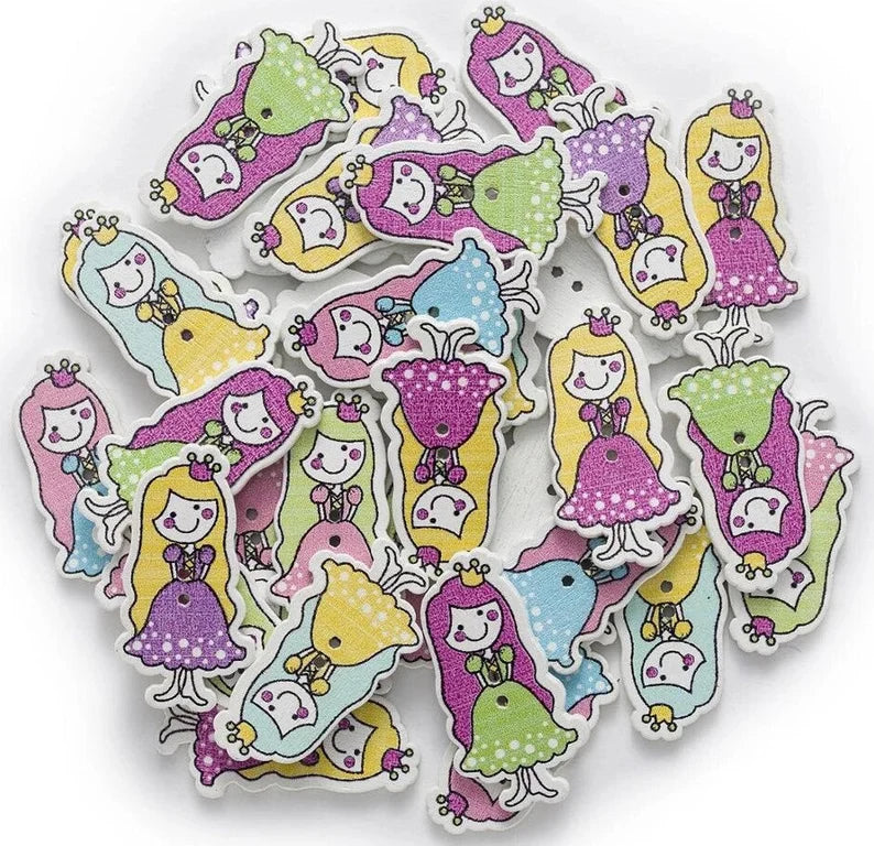 Colorful Princesses Wooden Buttons - Set of 6