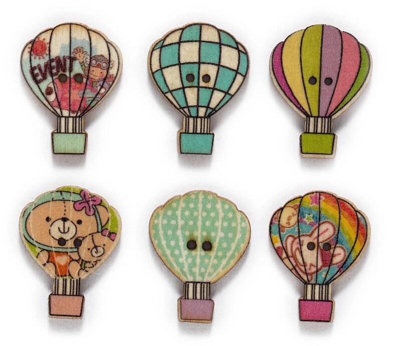 Hot Air Balloons Wooden Buttons - Set of 6