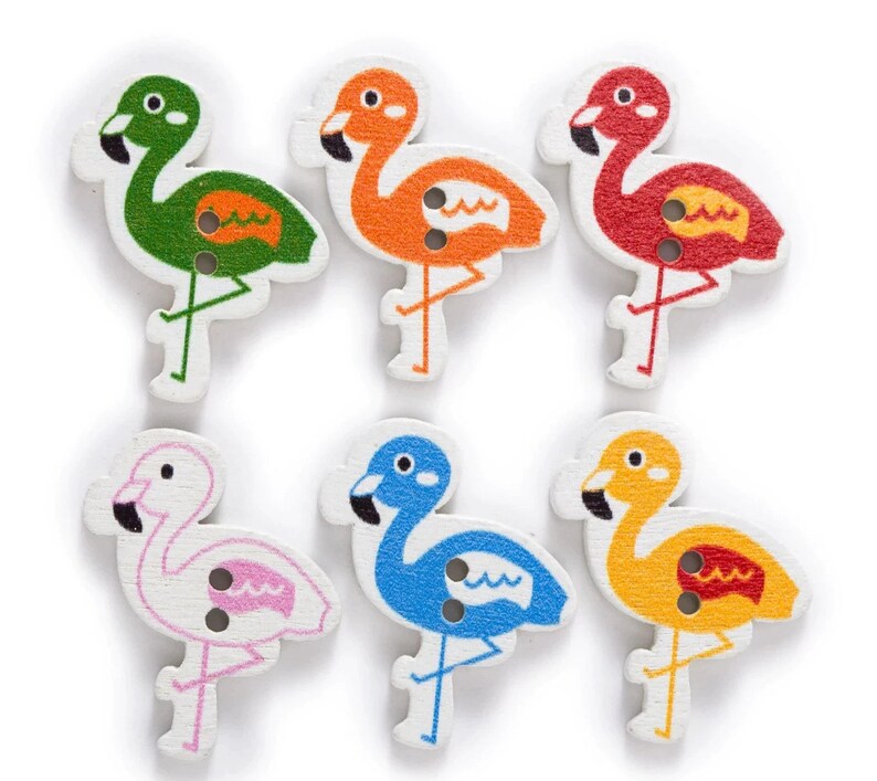 Colorful Flamingos Wooden Buttons - Set of 6