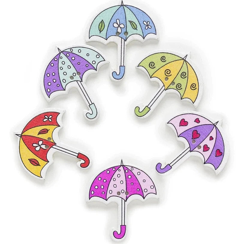 Colorful Umbrellas Wooden Buttons - Set of 6