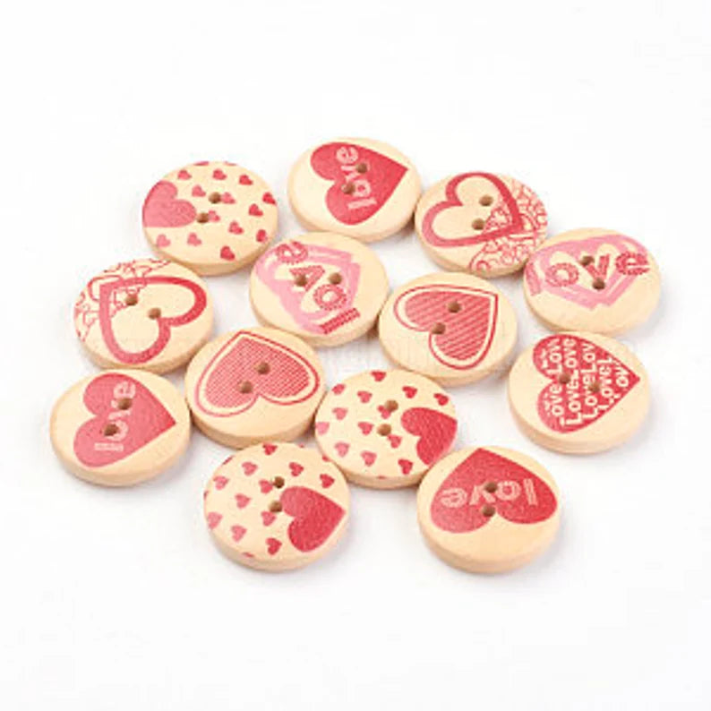 Love Hearts Round Wooden Buttons - Set of 10