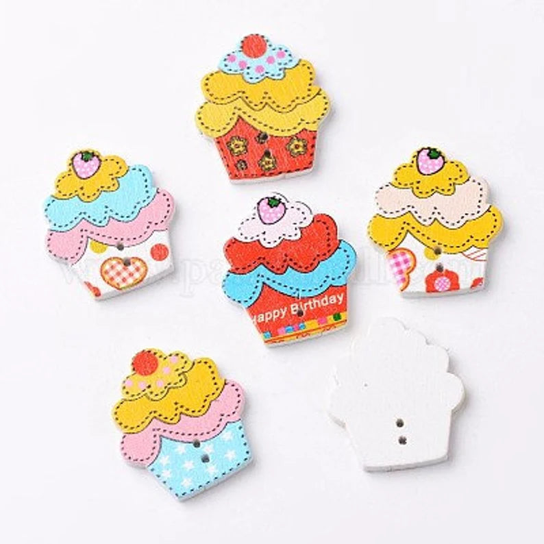 Cupcakes Wooden Buttons - Set of 6
