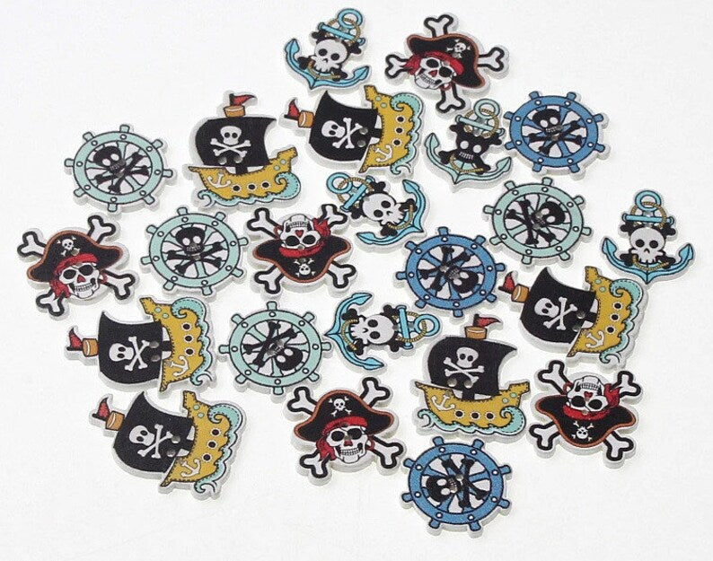 Pirate Theme Wooden Buttons - Set of 6