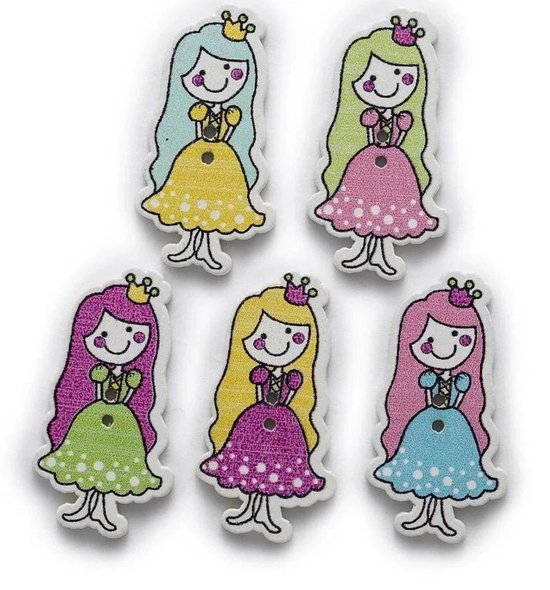 Colorful Princesses Wooden Buttons - Set of 6