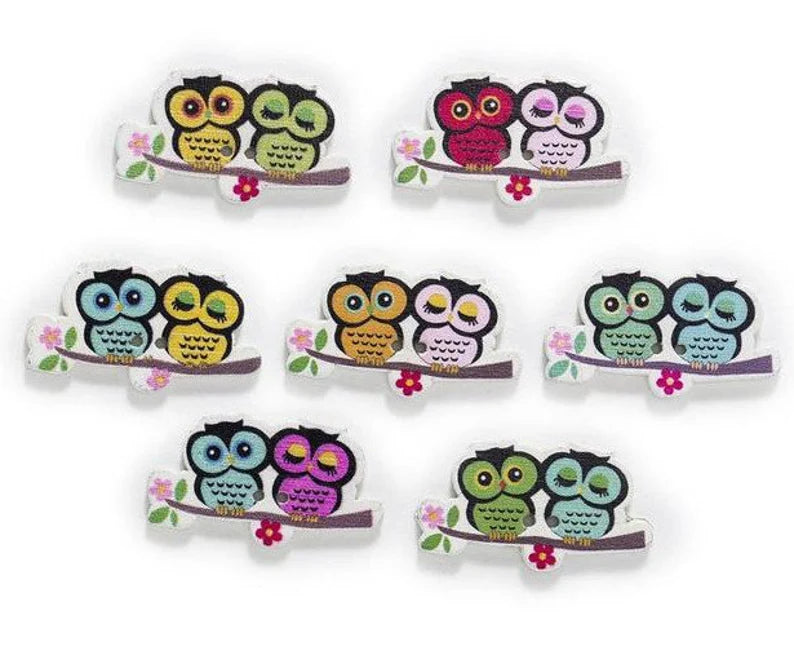 Owls on Branch Wooden Buttons - Set of 6