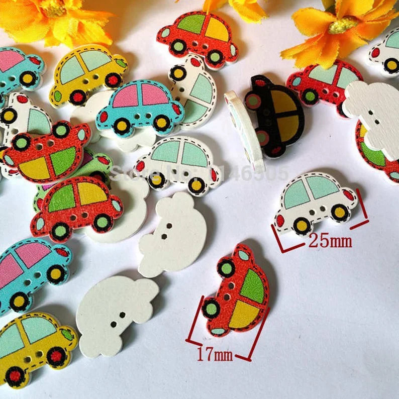 Colorful Car Wooden Buttons - Set of 6