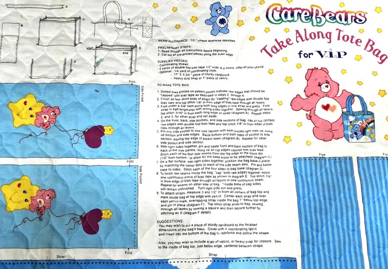 VINTAGE DIY Care Bears Tote Bag Pattern 2004 by Cranston - Made in the USA - Sold by the piece